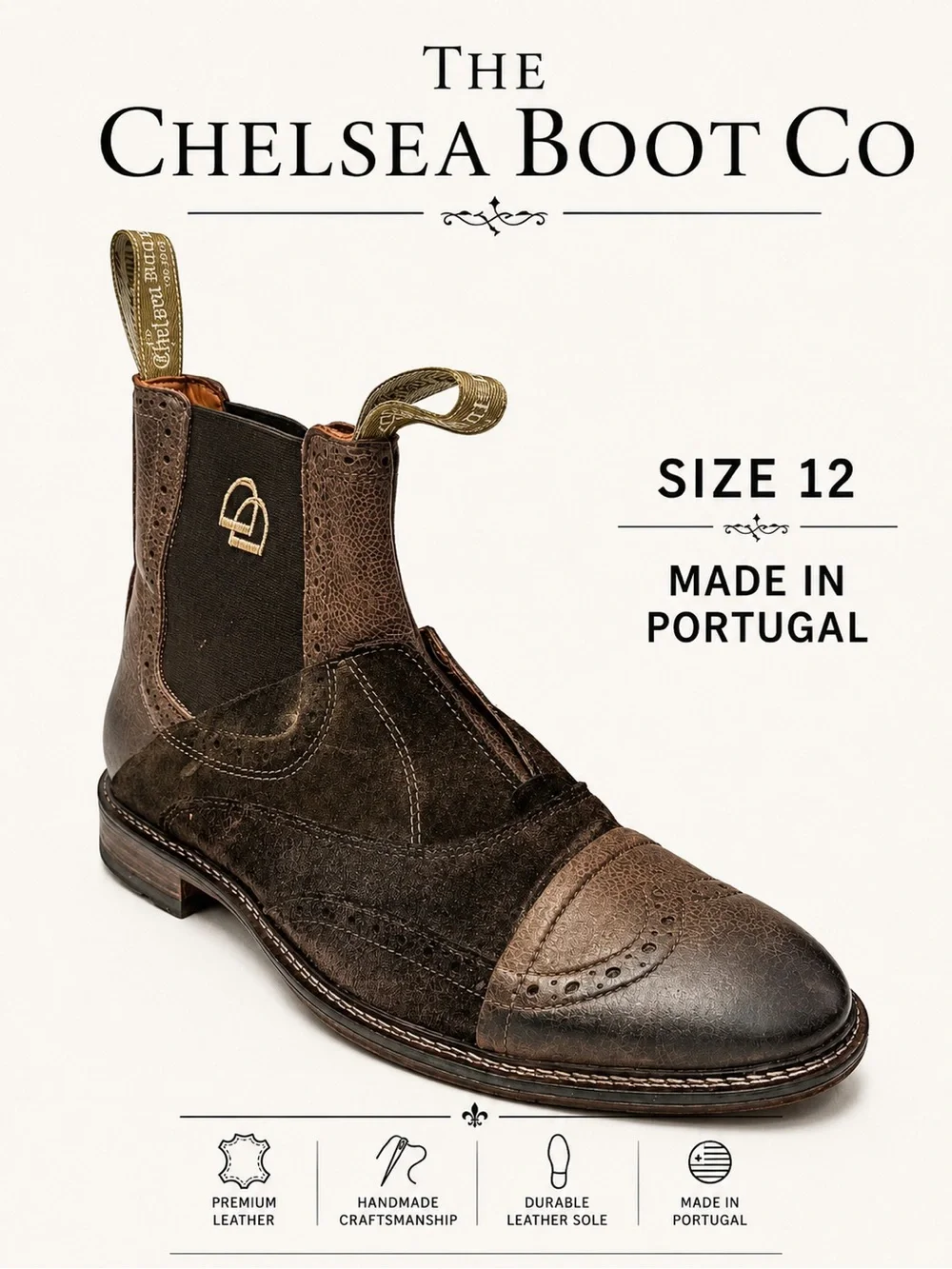 THE CHELSEA BOOT CO Men's No Lace Boot | Brown Leather and Suede Combo Size 12